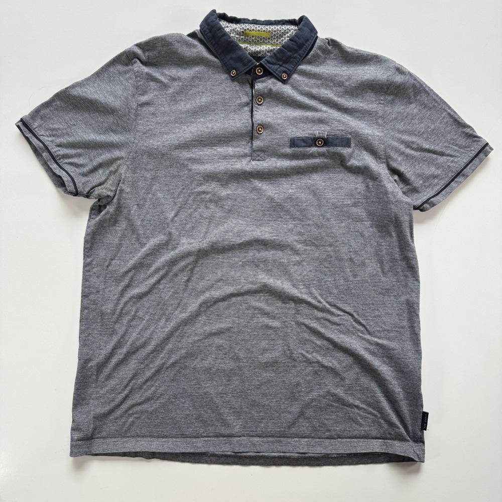 TED BAKER Button Down Short Sleeve Polo Shirt Micro Stripe Mens 5/XL Blue